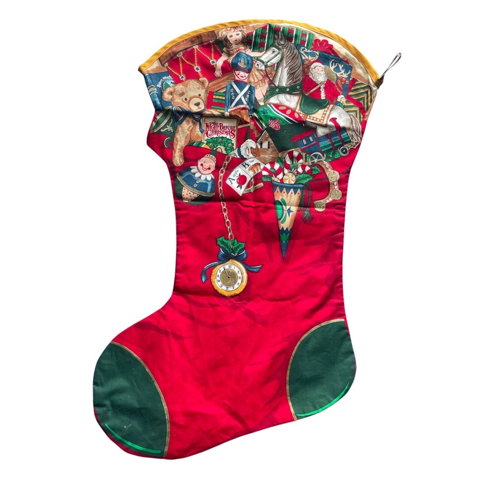 Vintage Christmas Stocking Night Before Christmas Teddy Bear Nutcracker Clock